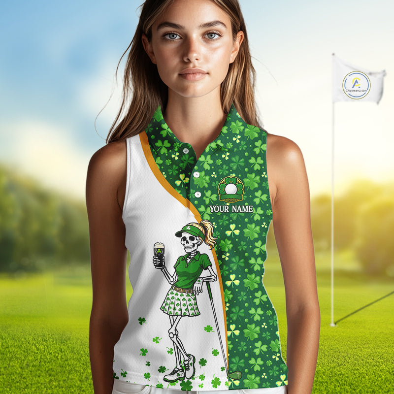 Person wearing a custom golf shirt with a design and text on a golf course background