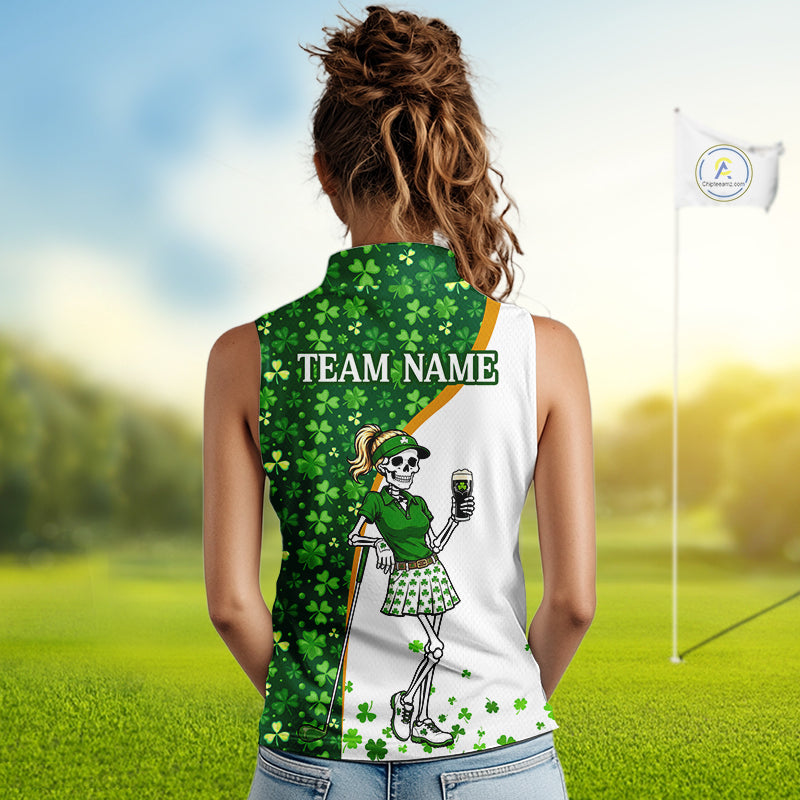 Person wearing a custom golf shirt with a design and text on a golf course background