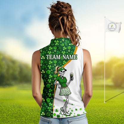 Person wearing a custom golf shirt with a design and text on a golf course background