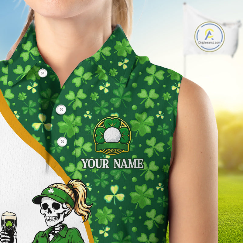 Green golf shirt with shamrock pattern and customizable text, brand logo visible
