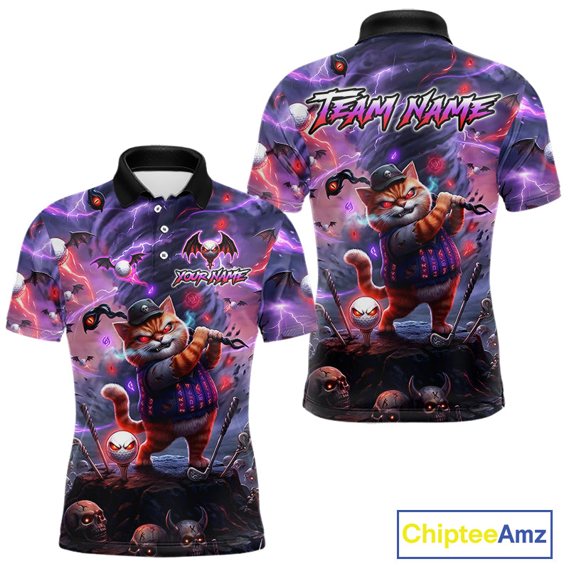 Personalized Mens Golf Polo Shirts Angry Cat Golfer Gothic Lightning Theme Team Name Shirt NHT803
