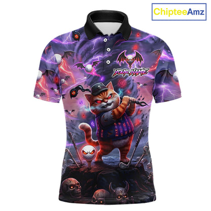 Personalized Mens Golf Polo Shirts Angry Cat Golfer Gothic Lightning Theme Team Name Shirt NHT803