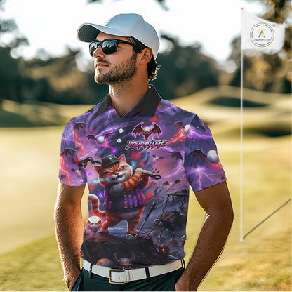 Personalized Mens Golf Polo Shirts Angry Cat Golfer Gothic Lightning Theme Team Name Shirt NHT803
