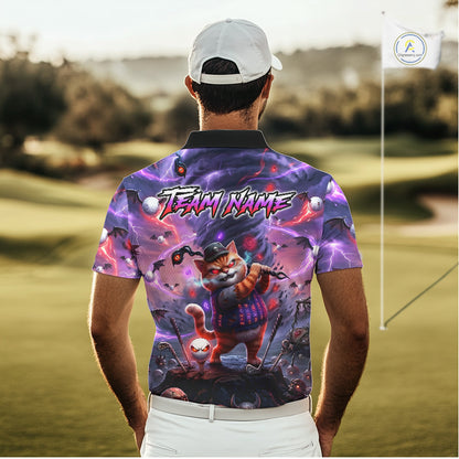 Personalized Mens Golf Polo Shirts Angry Cat Golfer Gothic Lightning Theme Team Name Shirt NHT803