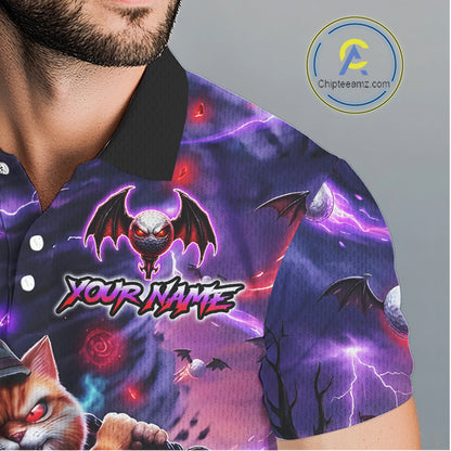 Personalized Mens Golf Polo Shirts Angry Cat Golfer Gothic Lightning Theme Team Name Shirt NHT803