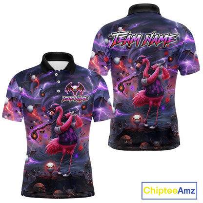 Personalized Mens Golf Polo Shirts Angry Flamingo Golfer Gothic Lightning Theme Team Name Shirt NHT804