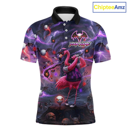 Personalized Mens Golf Polo Shirts Angry Flamingo Golfer Gothic Lightning Theme Team Name Shirt NHT804