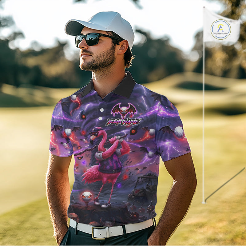 Personalized Mens Golf Polo Shirts Angry Flamingo Golfer Gothic Lightning Theme Team Name Shirt NHT804
