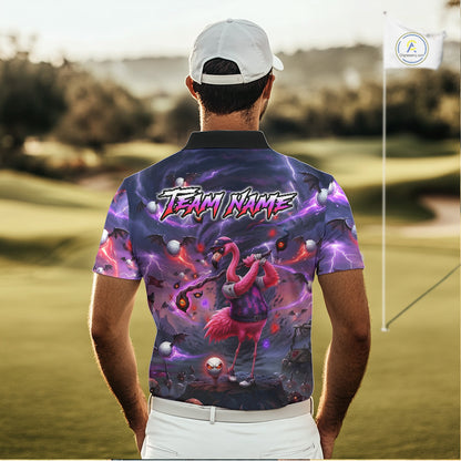Personalized Mens Golf Polo Shirts Angry Flamingo Golfer Gothic Lightning Theme Team Name Shirt NHT804