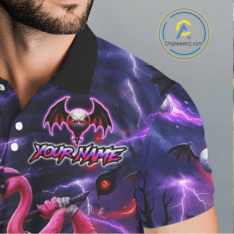 Personalized Mens Golf Polo Shirts Angry Flamingo Golfer Gothic Lightning Theme Team Name Shirt NHT804
