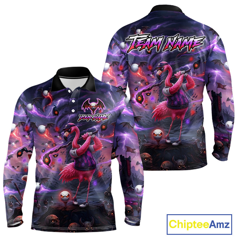 Personalized Mens Golf Polo Shirts Angry Flamingo Golfer Gothic Lightning Theme Team Name Shirt NHT804