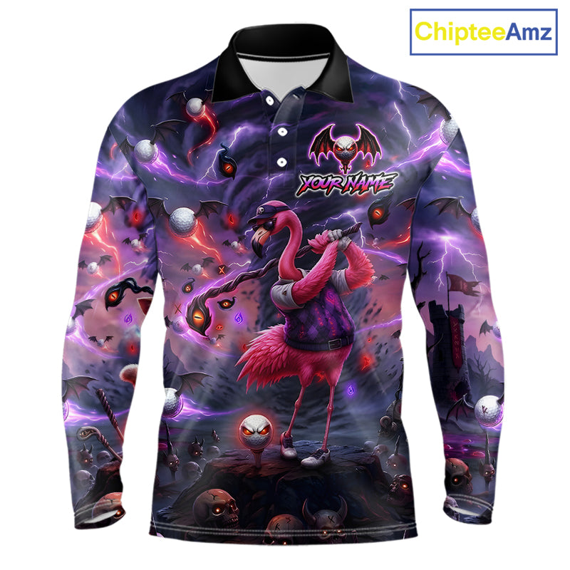 Personalized Mens Golf Polo Shirts Angry Flamingo Golfer Gothic Lightning Theme Team Name Shirt NHT804