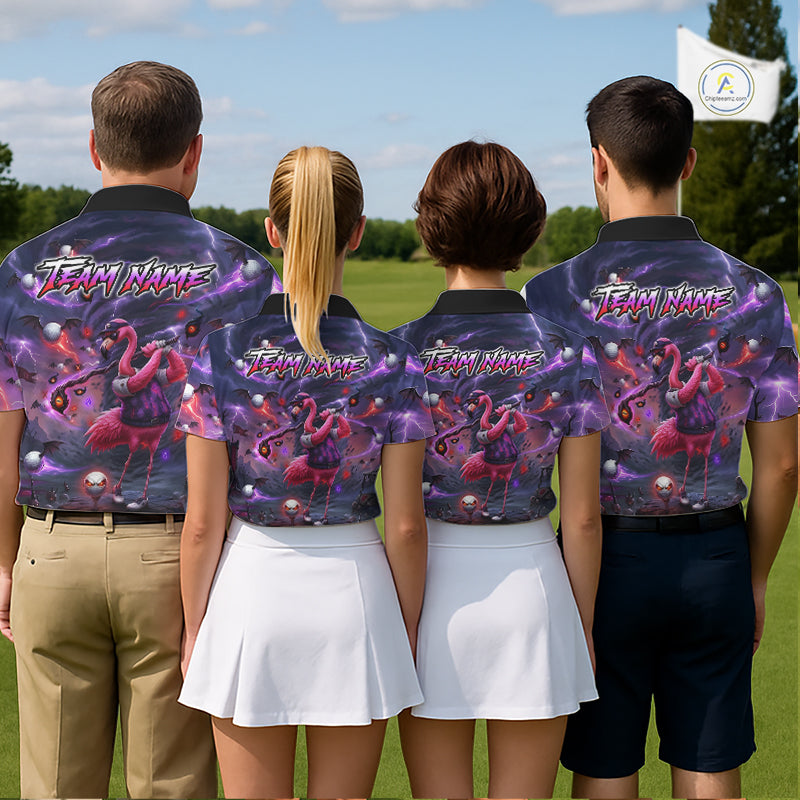Personalized Mens Golf Polo Shirts Angry Flamingo Golfer Gothic Lightning Theme Team Name Shirt NHT804
