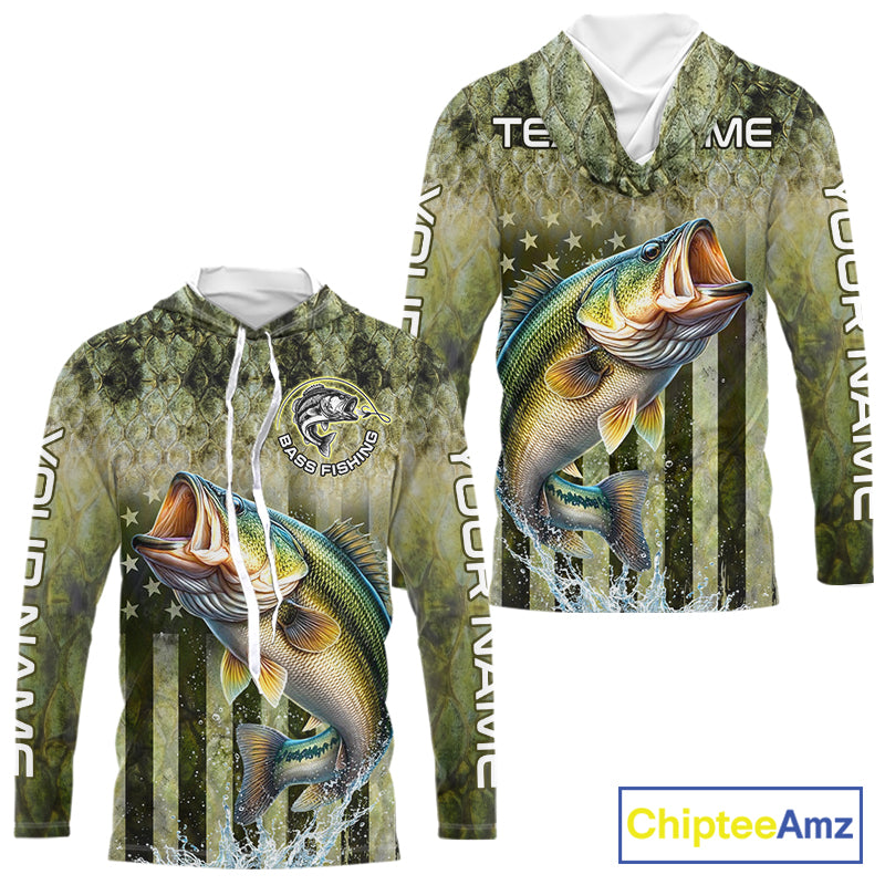 Custom Bass Fishing Shirt 3D Personalized Team Name Long Sleeve Hooded UV Protection Fishing Jersey For Men