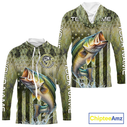 Custom Bass Fishing Shirt 3D Personalized Team Name Long Sleeve Hooded UV Protection Fishing Jersey For Men
