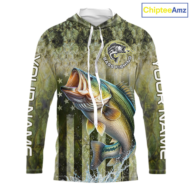 Custom Bass Fishing Shirt 3D Personalized Team Name Long Sleeve Hooded UV Protection Fishing Jersey For Men