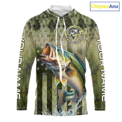 Custom Bass Fishing Shirt 3D Personalized Team Name Long Sleeve Hooded UV Protection Fishing Jersey For Men
