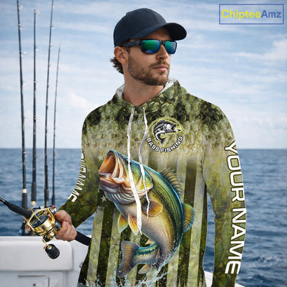 Custom Bass Fishing Shirt 3D Personalized Team Name Long Sleeve Hooded UV Protection Fishing Jersey For Men