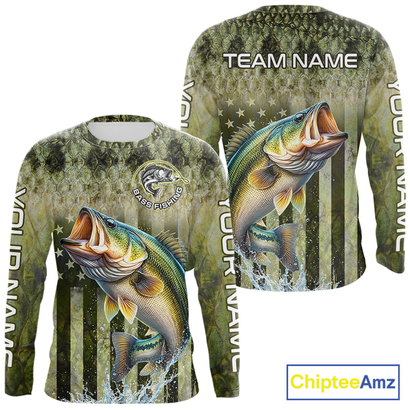 Custom Bass Fishing Shirt 3D Personalized Team Name Long Sleeve UV Protection Fishing Jersey For Men