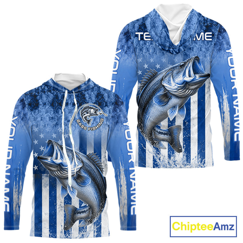 Custom Bass Fishing Shirt 3D Personalized Team Name Long Sleeve Hooded UV Protection Fishing Jersey|Blue 
