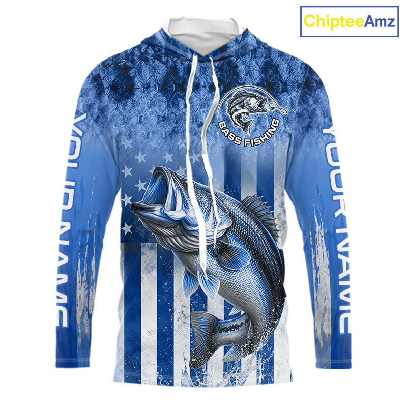 Custom Bass Fishing Shirt 3D Personalized Team Name Long Sleeve Hooded UV Protection Fishing Jersey|Blue 