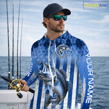 Custom Bass Fishing Shirt 3D Personalized Team Name Long Sleeve Hooded UV Protection Fishing Jersey|Blue 