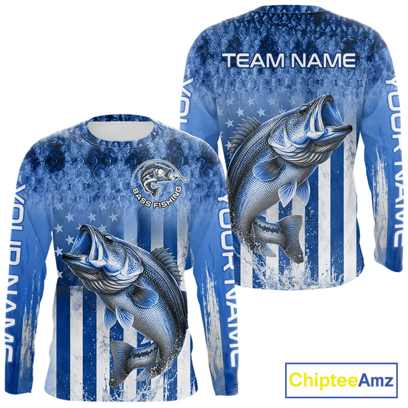 Custom Bass Fishing Shirt 3D Personalized Team Name Long Sleeve UV Protection Fishing Jersey|Blue 