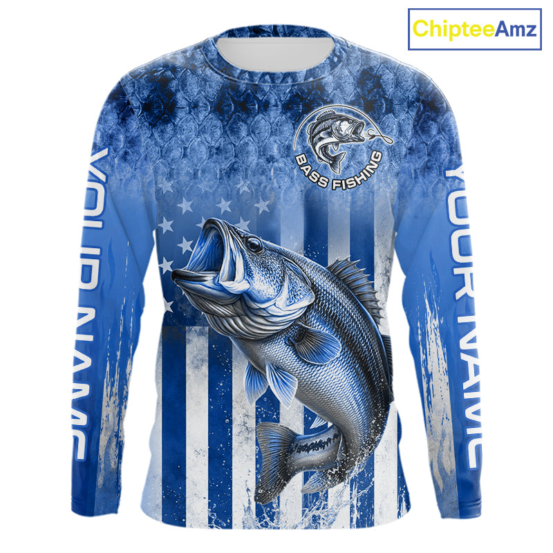 Custom Bass Fishing Shirt 3D Personalized Team Name Long Sleeve UV Protection Fishing Jersey|Blue 