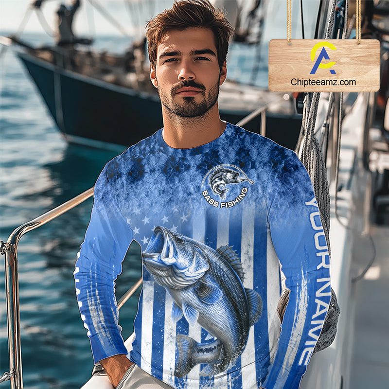 Custom Bass Fishing Shirt 3D Personalized Team Name Long Sleeve UV Protection Fishing Jersey|Blue 