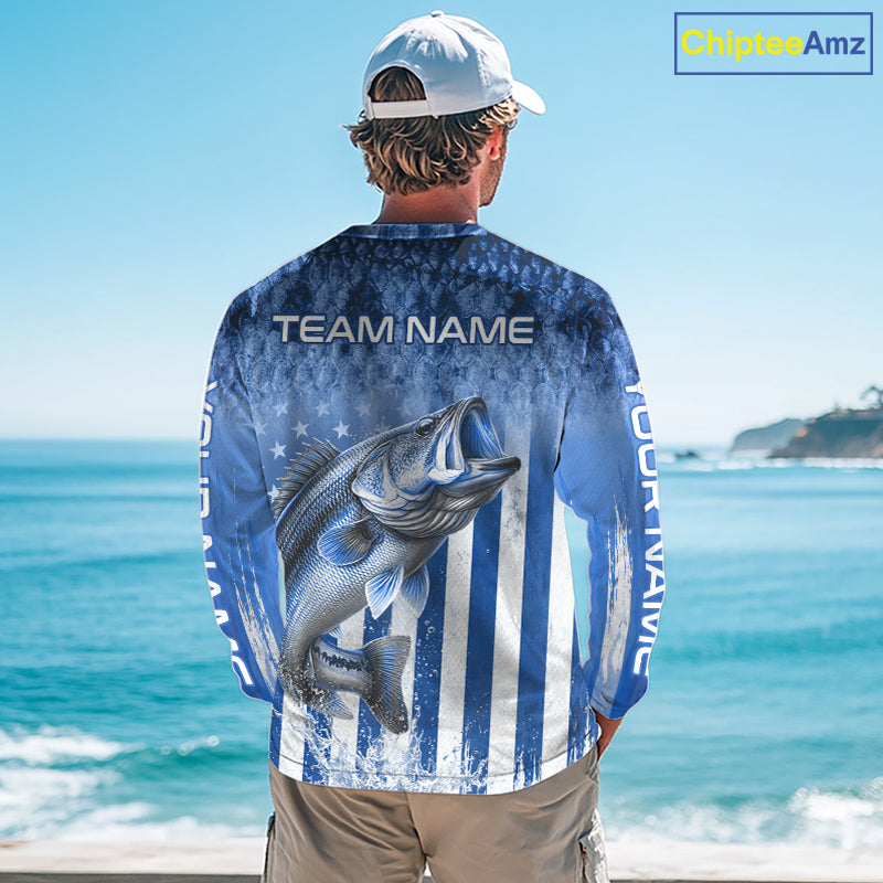 Custom Bass Fishing Shirt 3D Personalized Team Name Long Sleeve UV Protection Fishing Jersey|Blue 