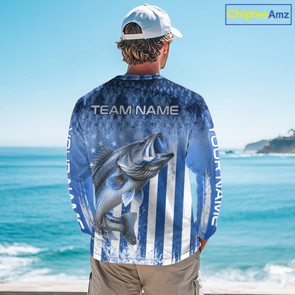 Custom Bass Fishing Shirt 3D Personalized Team Name Long Sleeve UV Protection Fishing Jersey|Blue 