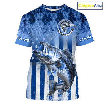 Custom Bass Shirt 3D Personalized Team Name Fishing T - Shirt UV Protection Fishing Jersey|Blue  patriotic Fishing Shirt