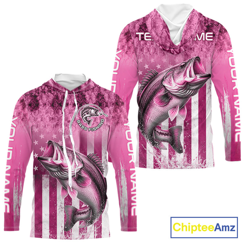 Custom Bass Fishing Shirt 3D Personalized Team Name Long Sleeve Hooded UV Protection Fishing Jersey|Pink 