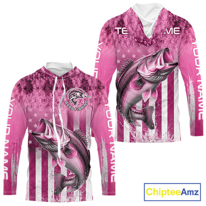 Custom Bass Fishing Shirt 3D Personalized Team Name Long Sleeve Hooded UV Protection Fishing Jersey|Pink 