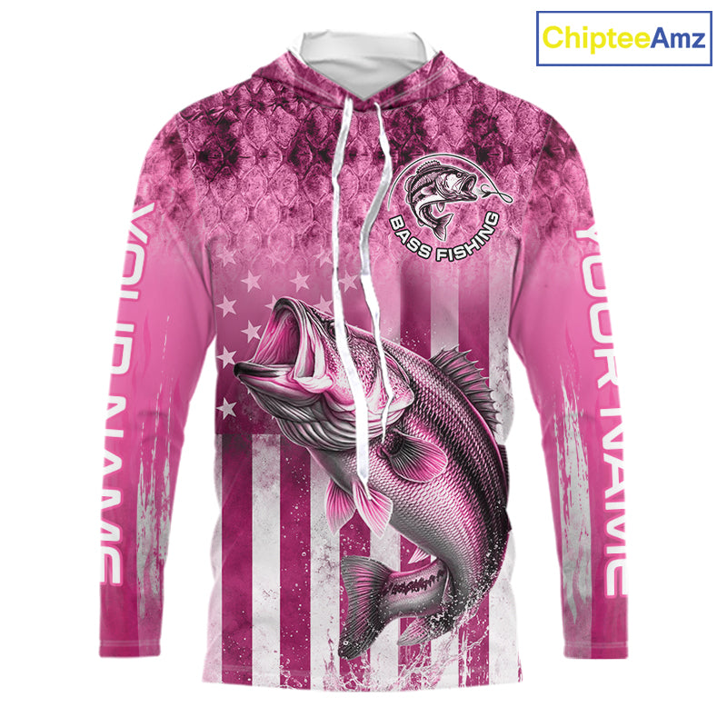Custom Bass Fishing Shirt 3D Personalized Team Name Long Sleeve Hooded UV Protection Fishing Jersey|Pink 