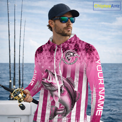 Custom Bass Fishing Shirt 3D Personalized Team Name Long Sleeve Hooded UV Protection Fishing Jersey|Pink 