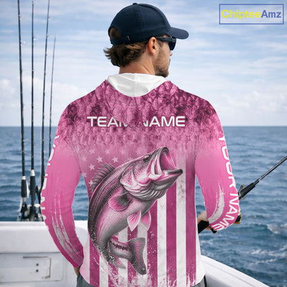 Custom Bass Fishing Shirt 3D Personalized Team Name Long Sleeve Hooded UV Protection Fishing Jersey|Pink 