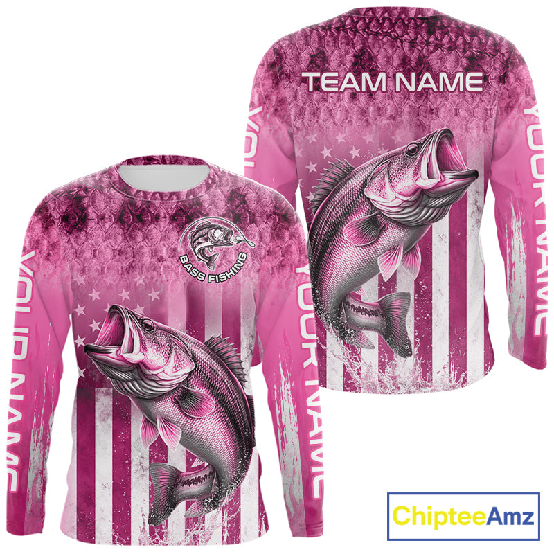 Custom Bass Fishing Shirt 3D Personalized Team Name Long Sleeve UV Protection Fishing Jersey|Pink 