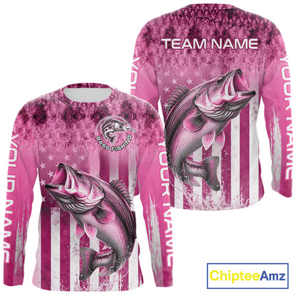Custom Bass Fishing Shirt 3D Personalized Team Name Long Sleeve UV Protection Fishing Jersey|Pink 