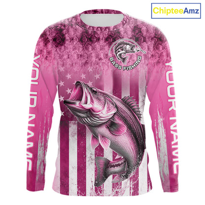 Custom Bass Fishing Shirt 3D Personalized Team Name Long Sleeve UV Protection Fishing Jersey|Pink 
