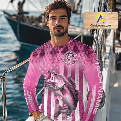 Custom Bass Fishing Shirt 3D Personalized Team Name Long Sleeve UV Protection Fishing Jersey|Pink 