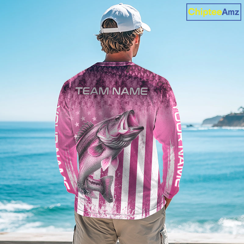 Custom Bass Fishing Shirt 3D Personalized Team Name Long Sleeve UV Protection Fishing Jersey|Pink 