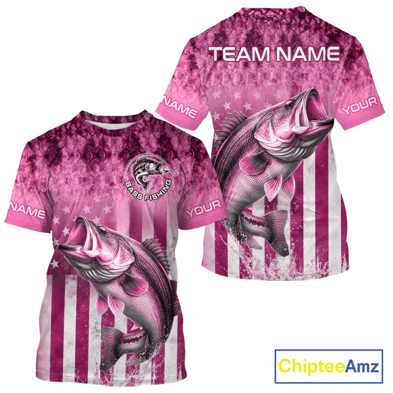 Pink Custom Bass Shirt 3D Personalized Team Name Fishing T - Shirt UV Protection Fishing Jersey, Patriotics Bass Fishing Shirt