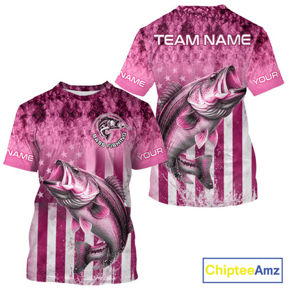 Pink Custom Bass Shirt 3D Personalized Team Name Fishing T - Shirt UV Protection Fishing Jersey, Patriotics Bass Fishing Shirt