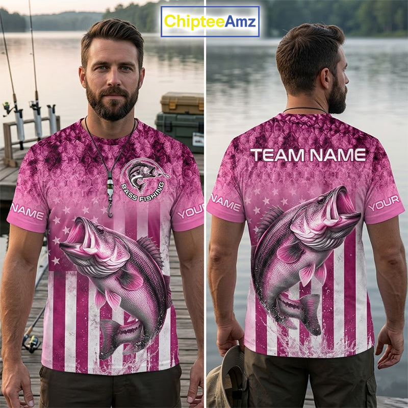 Pink Custom Bass Shirt 3D Personalized Team Name Fishing T - Shirt UV Protection Fishing Jersey, Patriotics Bass Fishing Shirt