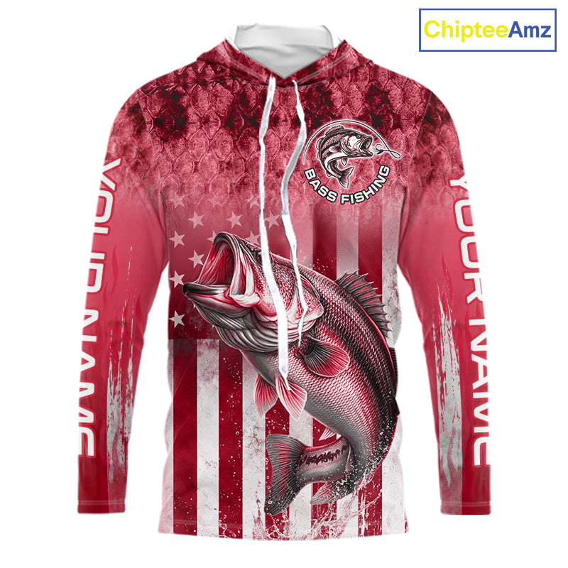 Custom Bass Fishing Shirt 3D Personalized Team Name Long Sleeve Hooded UV Protection Fishing Jersey|Red 