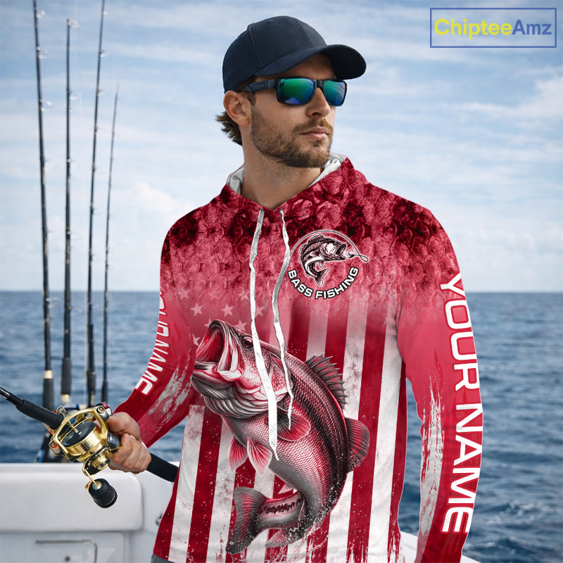 Custom Bass Fishing Shirt 3D Personalized Team Name Long Sleeve Hooded UV Protection Fishing Jersey|Red 