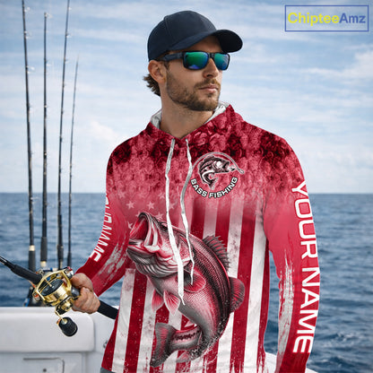 Custom Bass Fishing Shirt 3D Personalized Team Name Long Sleeve Hooded UV Protection Fishing Jersey|Red 