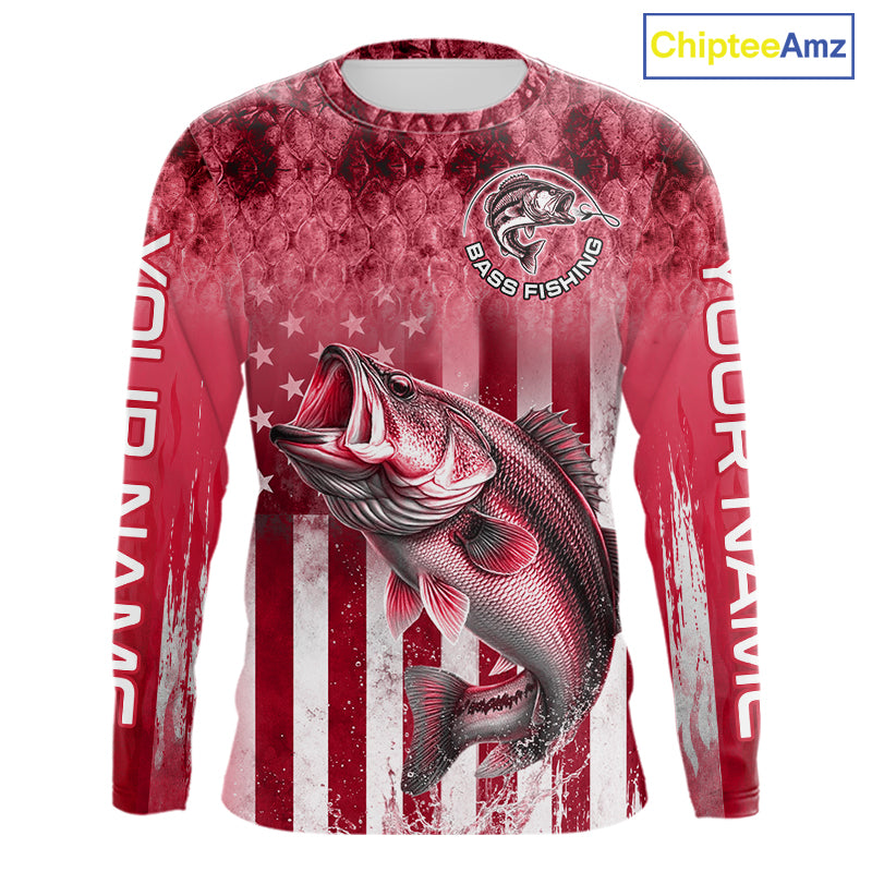 Custom Bass Fishing Shirt 3D Personalized Team Name Long Sleeve UV Protection Fishing Jersey|Red 