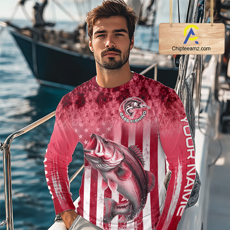 Custom Bass Fishing Shirt 3D Personalized Team Name Long Sleeve UV Protection Fishing Jersey|Red 